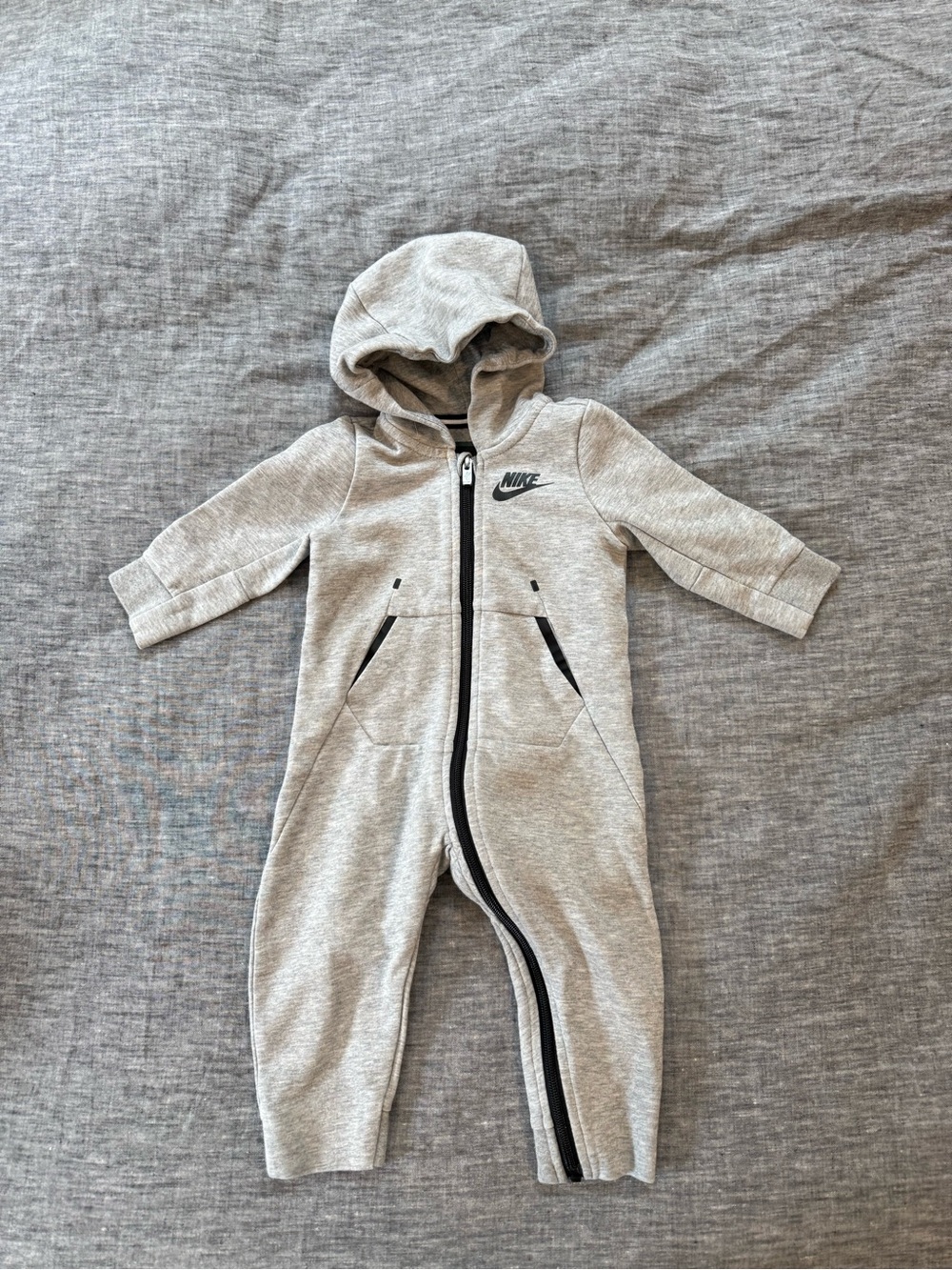 Nike gray zip up hooded jumpsuit, 12m